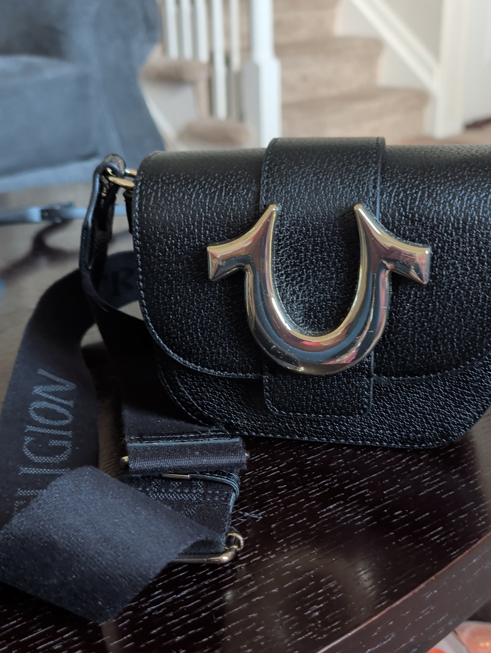 True Religion Black Leather Crossbody with Silver Horseshoe Accent